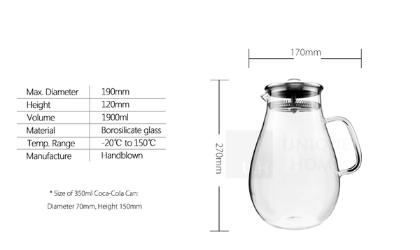 Glass Jug with Stainless Steel Filter Lid 1900ml - Navarre