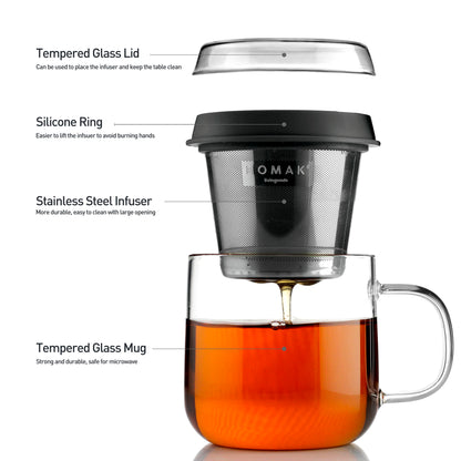 HOMAK - Glass Tea / Coffee Mug with Double Layer Infuser and Lid