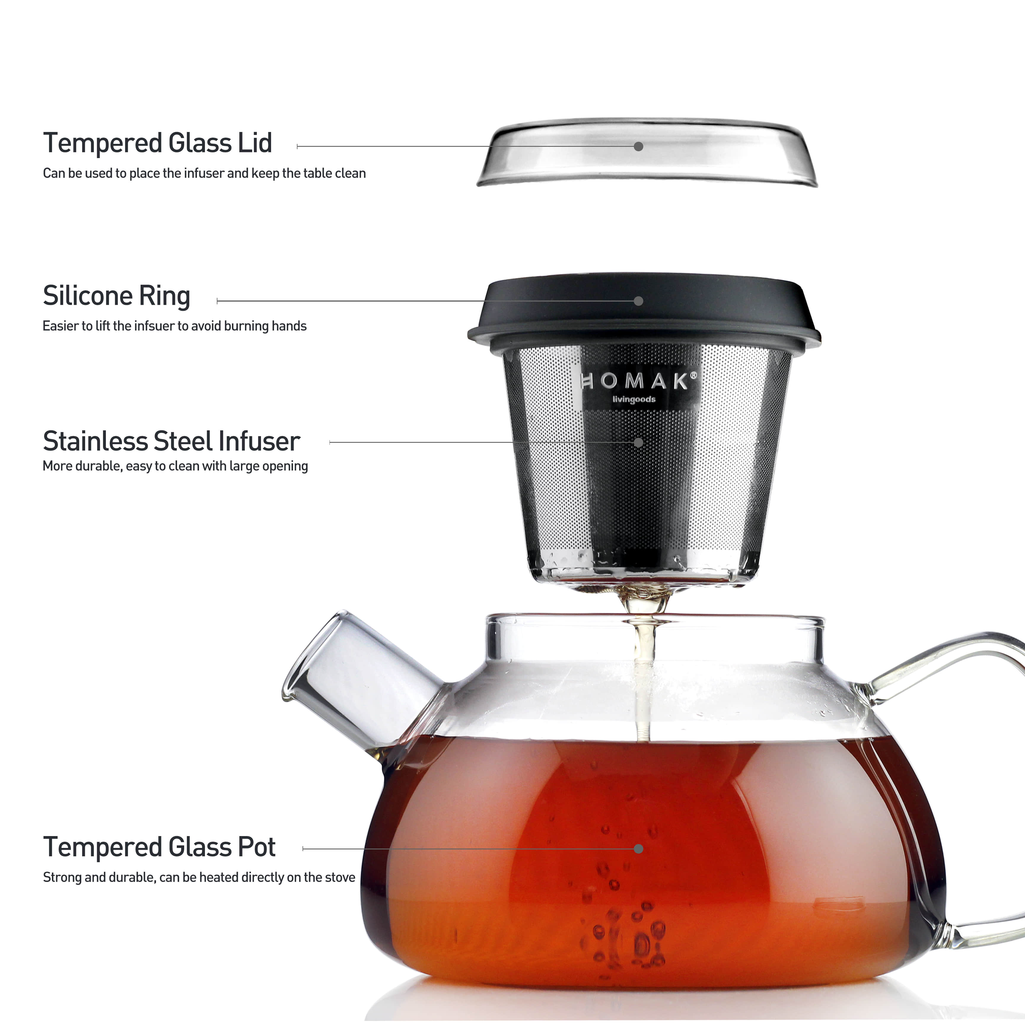 HOMAK - Glass Teapot / Coffee Pot (1100ml / 37oz) with Double Layer Infuser and Lid