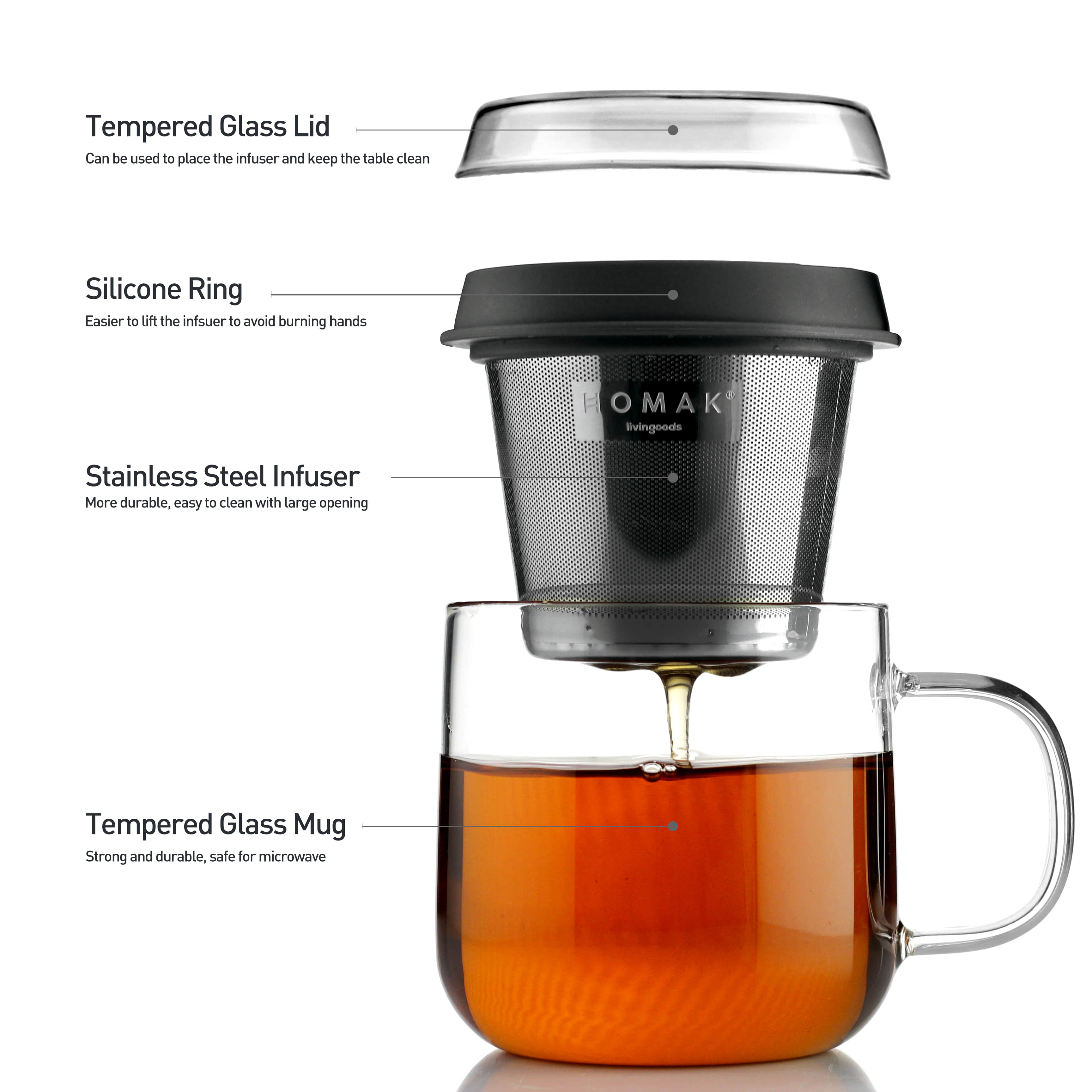 HOMAK - Glass Tea / Coffee Mug with Double Layer Infuser and Lid