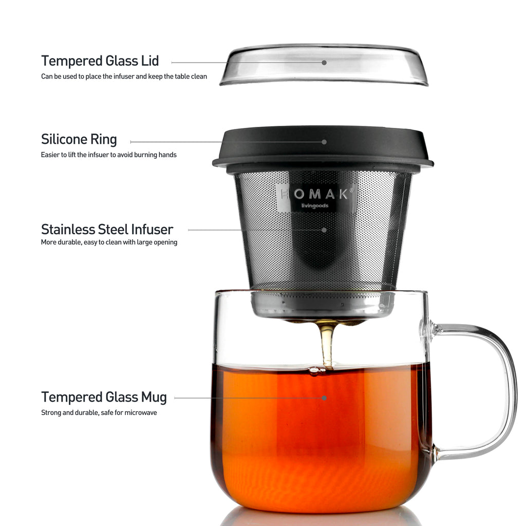 HOMAK - Glass Tea / Coffee Mug with Double Layer Infuser and Lid | Unihom