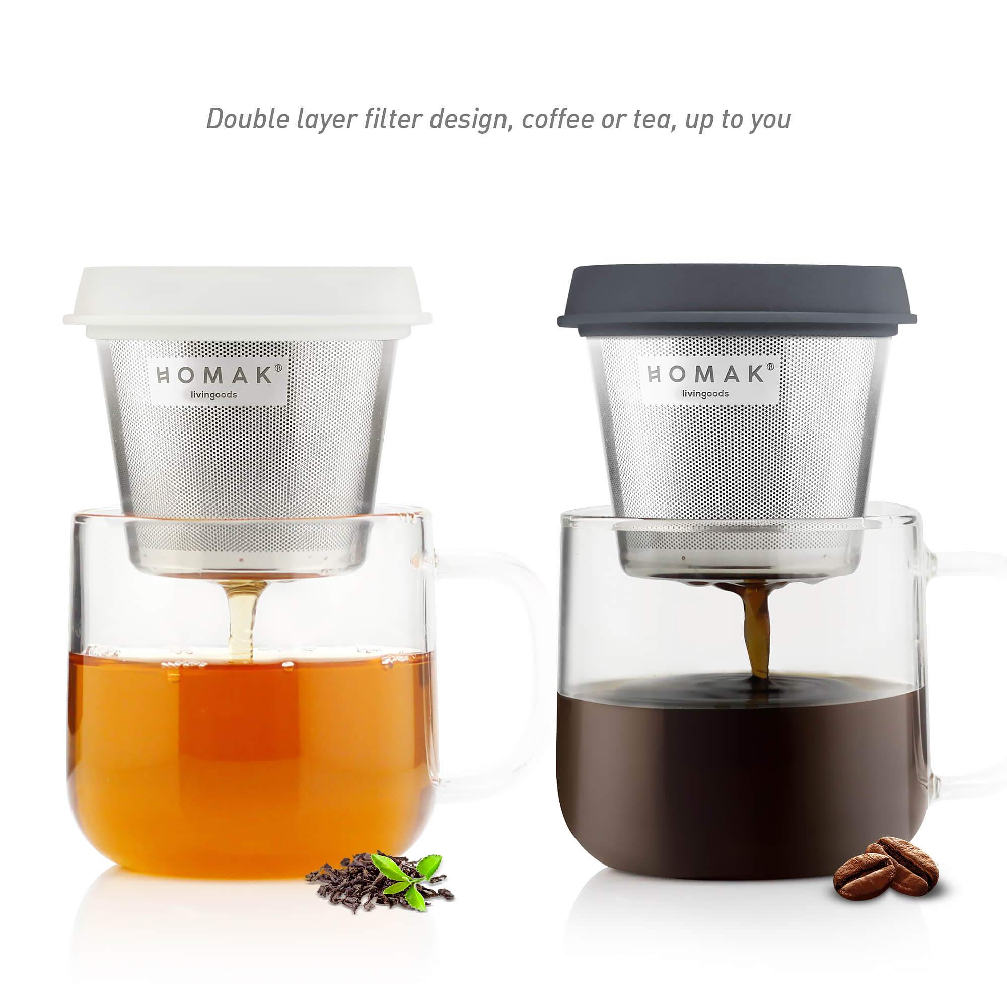 HOMAK - Glass Tea / Coffee Mug with Double Layer Infuser and Lid