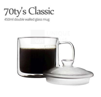 Double Walled Glass Coffee Mug with Lid 400ml - 70ty's Mug