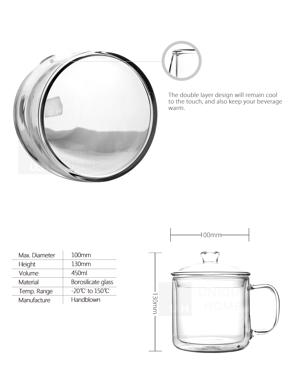 Double Walled Glass Coffee Mug with Lid 400ml - 70ty's Mug