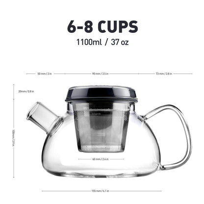 HOMAK - Glass Teapot / Coffee Pot (1100ml / 37oz) with Double Layer Infuser and Lid