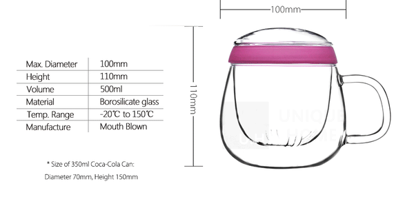 Glass Tea Mug with Infuser and Lid 500ml - Valentine