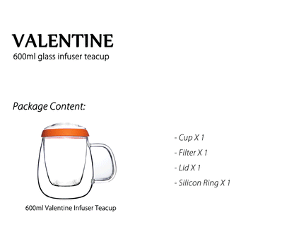 Glass Tea Mug with Infuser and Lid 600ml - Valentine