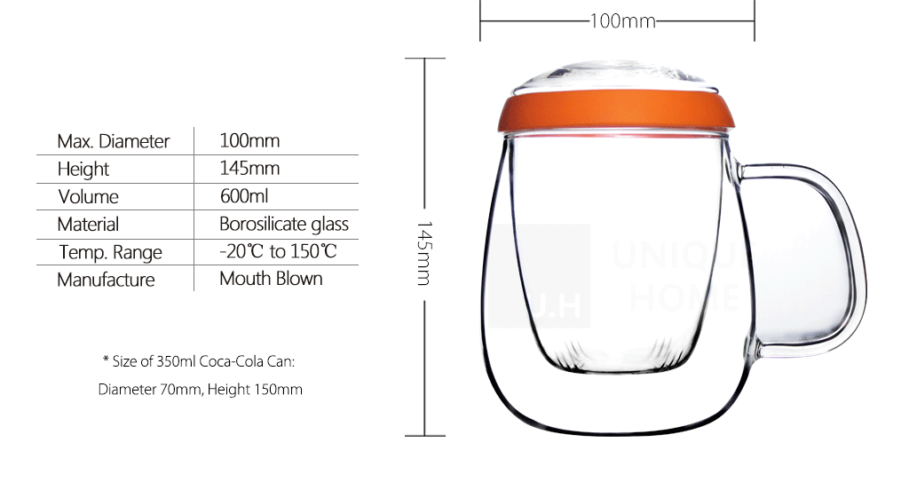 Glass Tea Mug with Infuser and Lid 600ml - Valentine