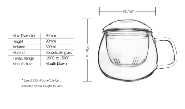 Glass Tea Mug with Infuser and Lid 300ml - Zeo