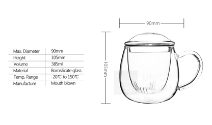 Glass Tea Mug with Infuser and Lid 385ml - Zeo