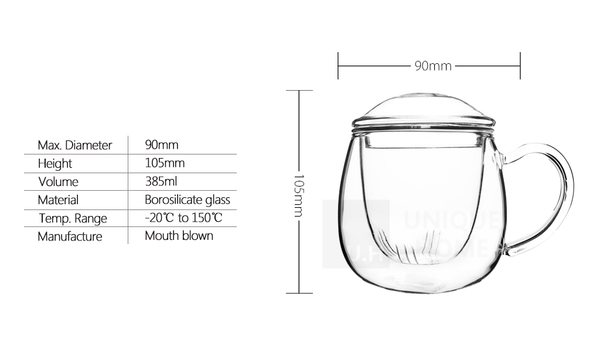 Glass Tea Mug with Infuser and Lid 385ml - Zeo